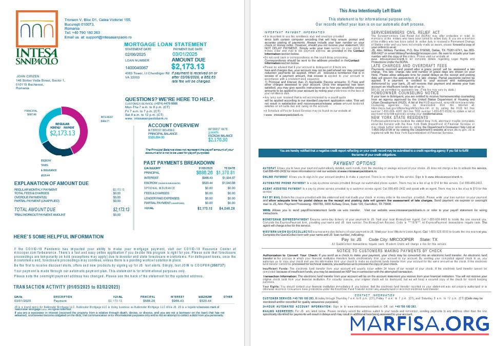 Printable Romania Intesa Sanpaolo bank mortgage statement in Word and PDF formats 1 2 download for verification